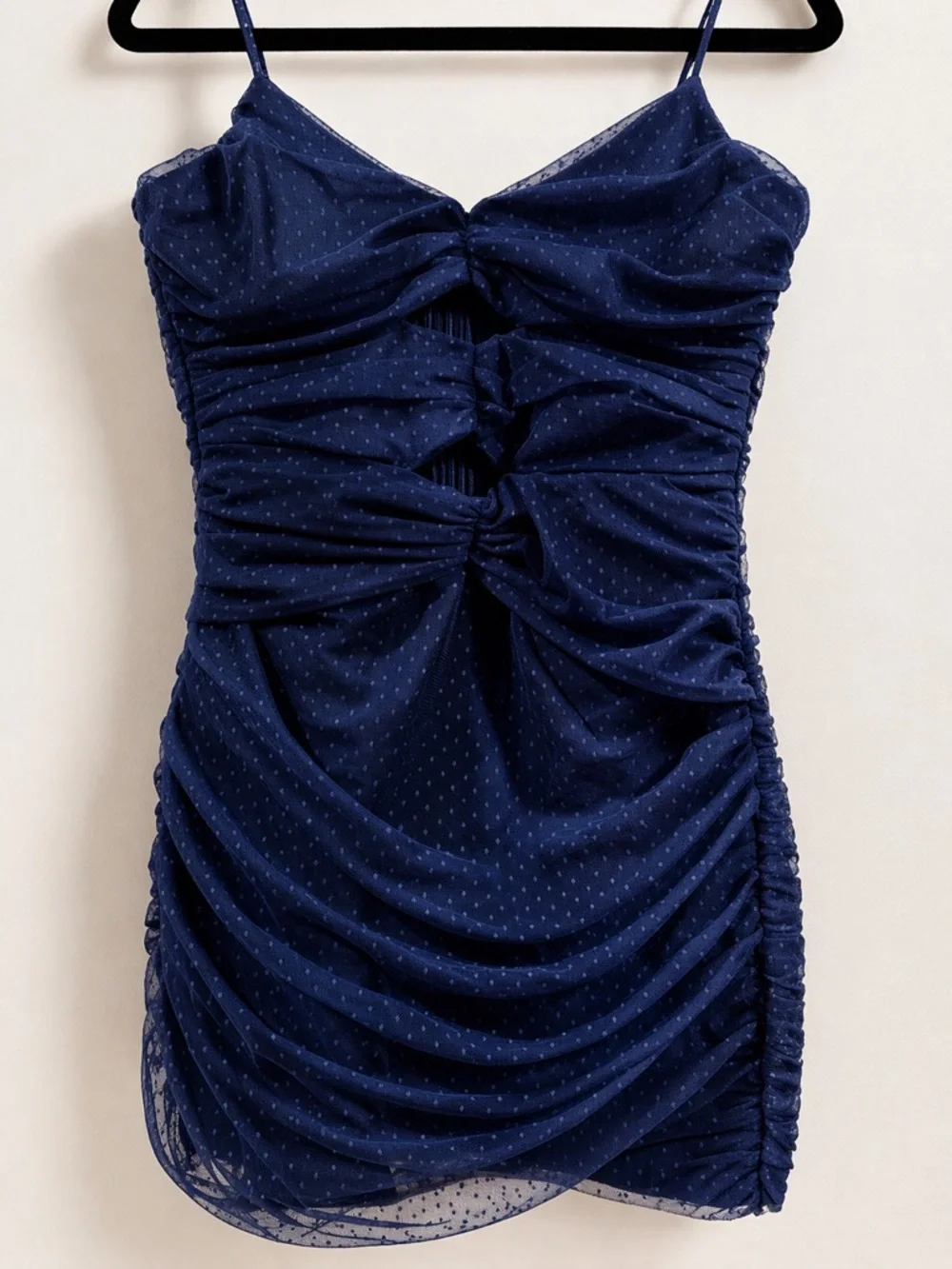 Navy Blue Ruched Mini Dress Mesh Polka Dot Cutout Bodycon size L - Picture 2 of 5